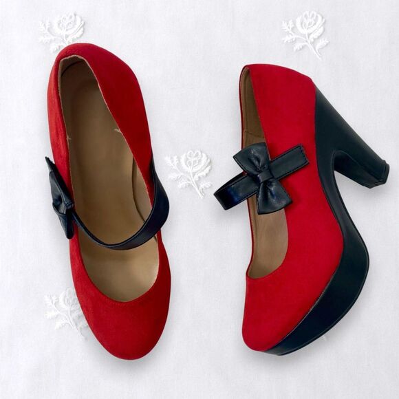 Retro Stage Shoes - Retro Stage Black Red Bow Platform Whimsygoth Lolita Mary Jane Heels US 11.5
